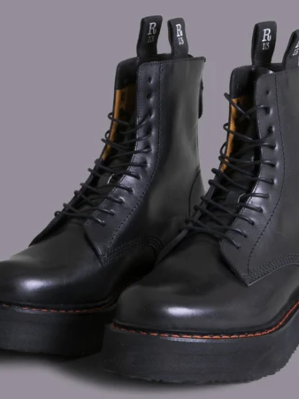 R13 Black Leather Platform Lace-Up Combat Boots
